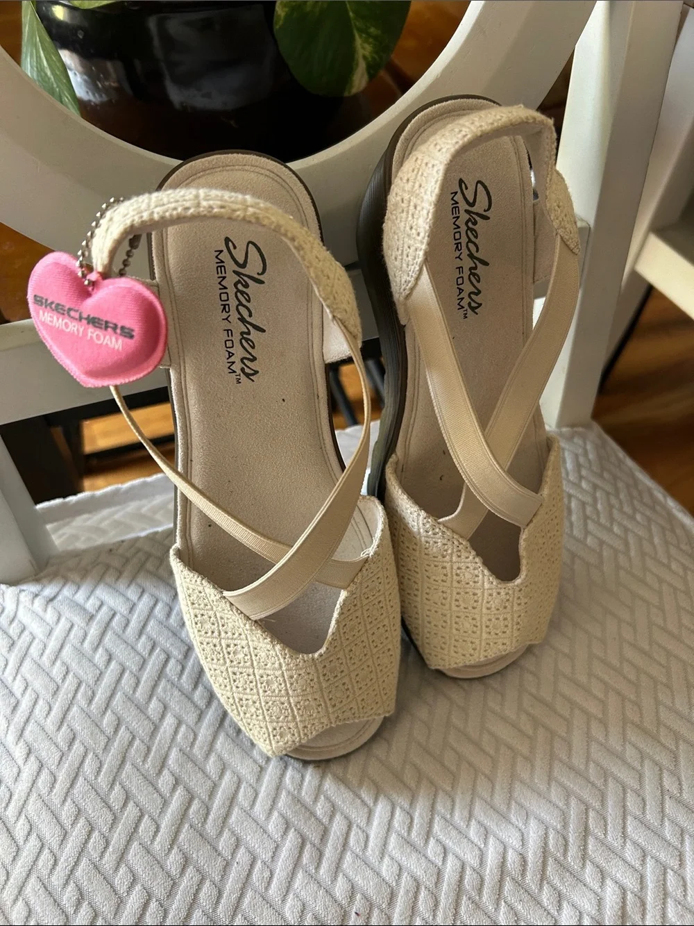 Skechers Beige/Cream Woven Open-Toe Wedge Slingbacks